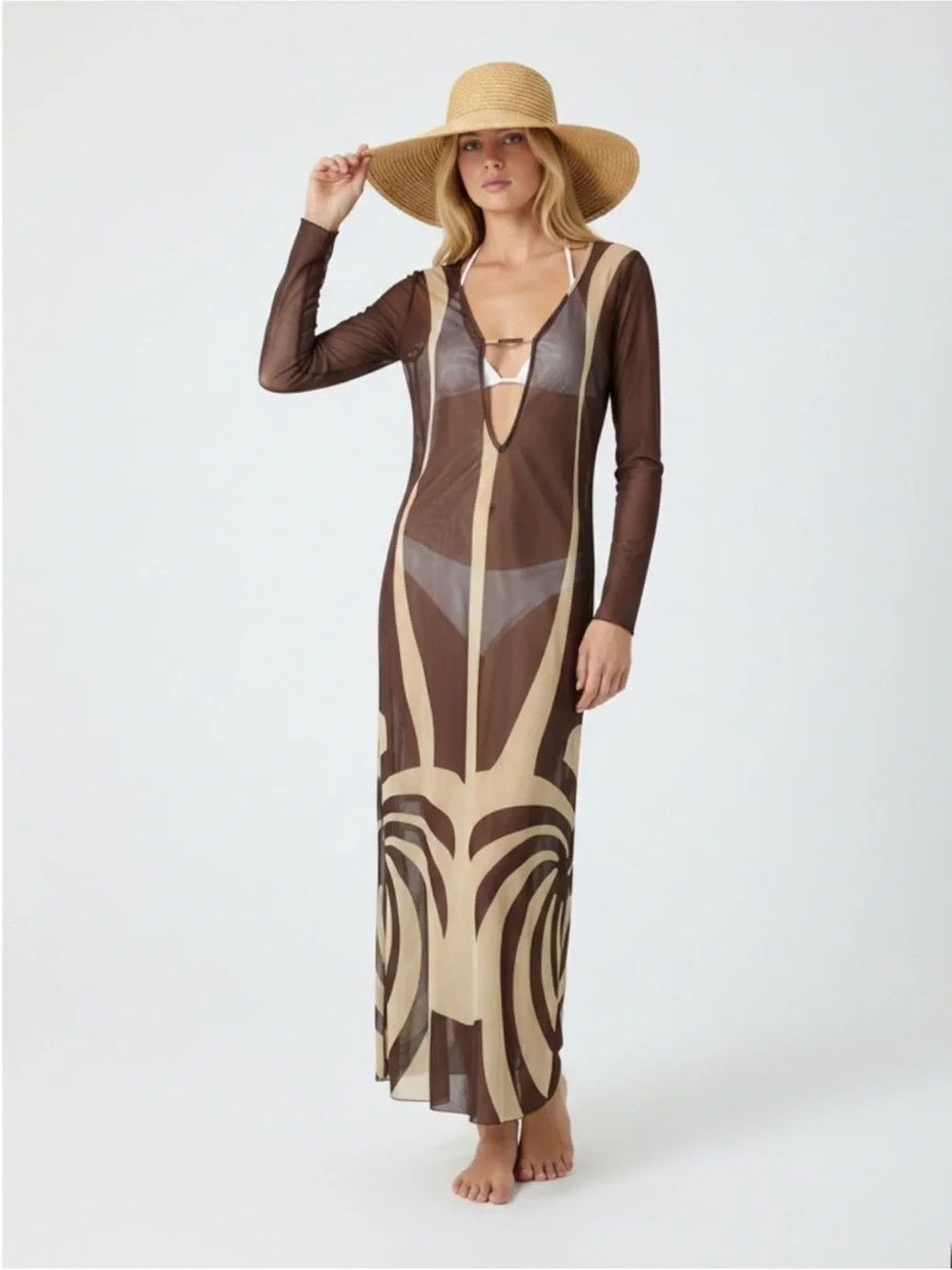 Caroline Constas womens Brown Latte Wave Sheer Mesh Long Cover Up Dress size XS